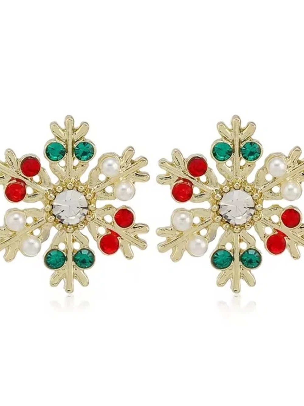 Gold Snowflake Stud Earrings with Red, Green & Pearl Accents